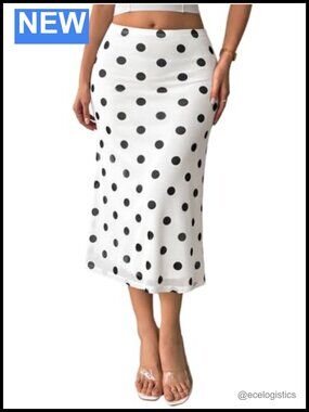 Women's Polka Dot High Waist Long Skirt Business Casual Soft Stretch Office